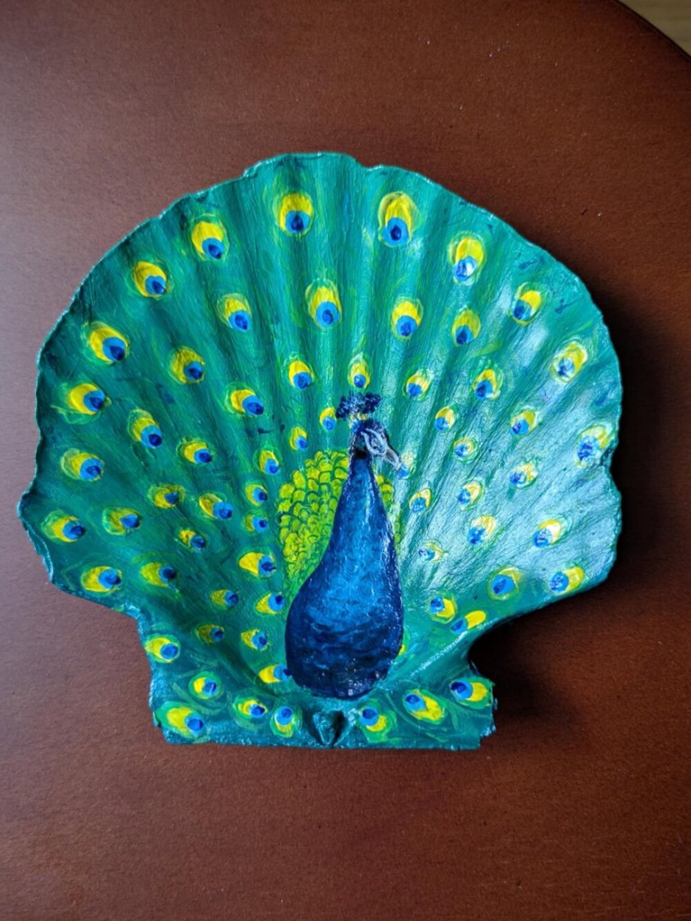 Hand Painted Peacock Scallop Shell Original Acrylic Art 5"x5" + Easel Stand - Picture 4 of 4